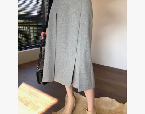 大牌极简风！秋冬腰带气质羊毛呢半身裙 女裙...