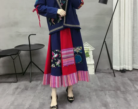 云南民族风半身裙长裙棉麻松紧腰拼接撞色复古...