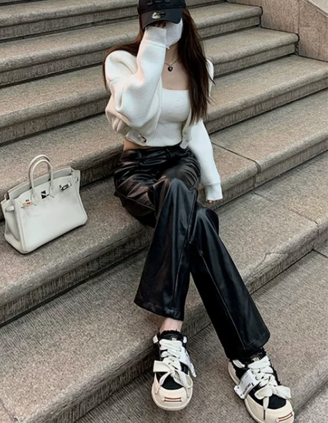 titi小姐姐 百搭黑色PU皮休闲显瘦长裤...