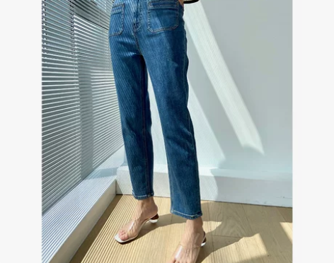 法式休闲复古 高腰前贴袋直筒牛仔裤女202...