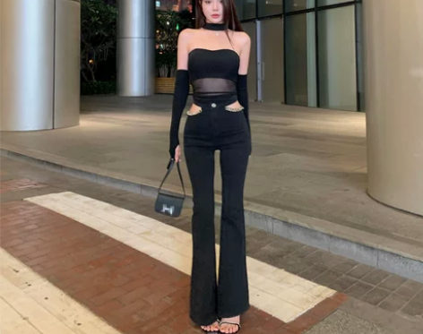 豆豆酱chic麻豆神裤/黑色牛仔裤女202...