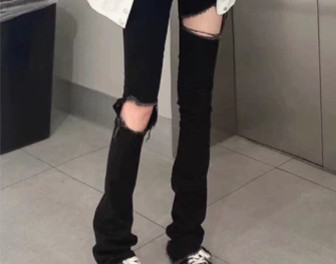 黑色高腰紧身破洞牛仔裤子女士夏季薄款弹力显...