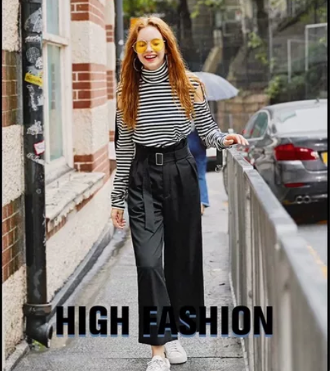 盛放 可调节腰带高腰阔腿裤女款休闲裤，因瘦...