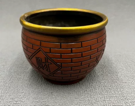 古玩铜器收藏铜鎏金招财进宝缸摆件装饰形制端...