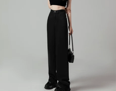 ?黑色天丝牛仔阔腿裤女夏季薄款高腰冰丝垂感...