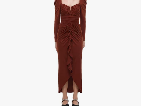 self-portrait 深棕色U领捏褶...