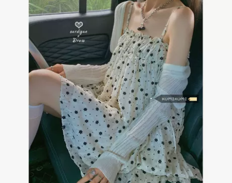 kumikumi又乖又嗲小众碎花雪纺裙小个...