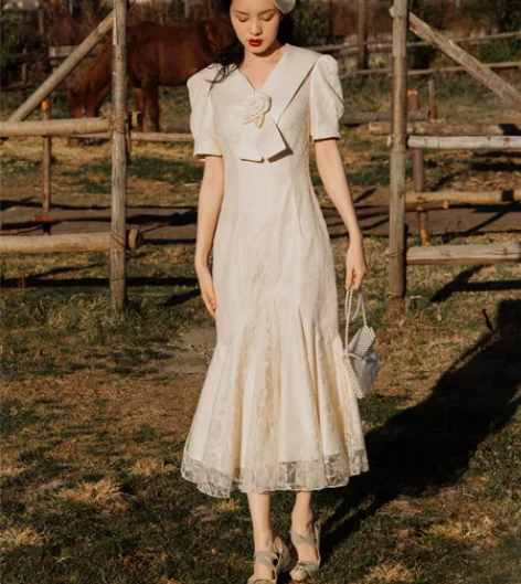 新款法式复古温柔文艺风年轻款旗袍中长款连衣...