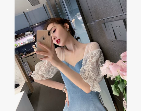 余潇潇牛仔裙子2020夏季新款蕾丝黑色泡泡...