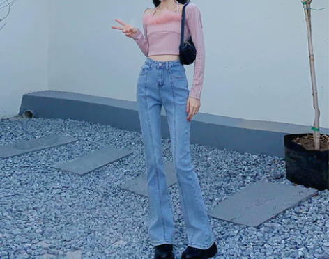 哲娜纯微喇牛仔裤女2022新款春夏弹力高腰...