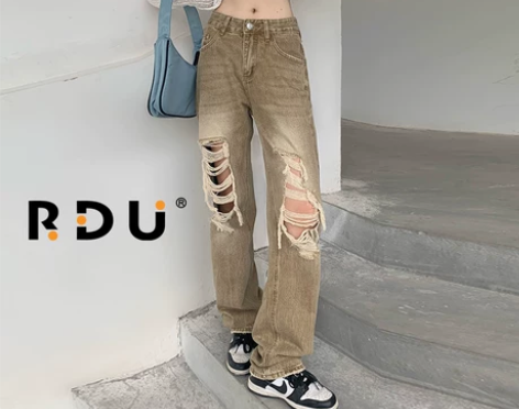 RDU 2022新款沙漠黄破洞牛仔裤女休闲...