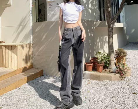 REDR高腰拼接烟灰色牛仔裤女2022春季...