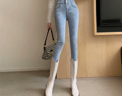 弹力高腰牛仔裤女2022年秋季新款后腰交叉...
