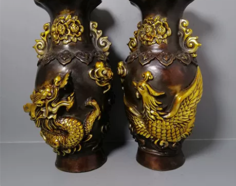 乡下收来老纯铜龙凤花瓶紫铜鎏金龙凤呈祥博古...