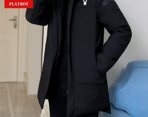 花花公子冬季连帽加厚中长款羽绒服男士潮牌新...