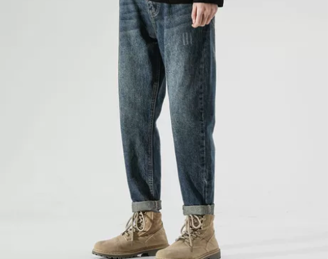 牛仔裤男宽松直筒小脚秋冬港风猫须简约潮牌哈...