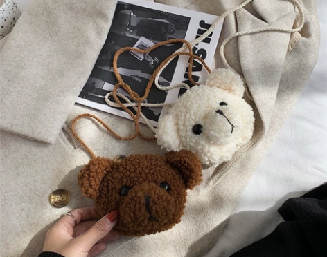 卡通熊头斜挎包女毛绒单肩小包可爱少女心小挎...