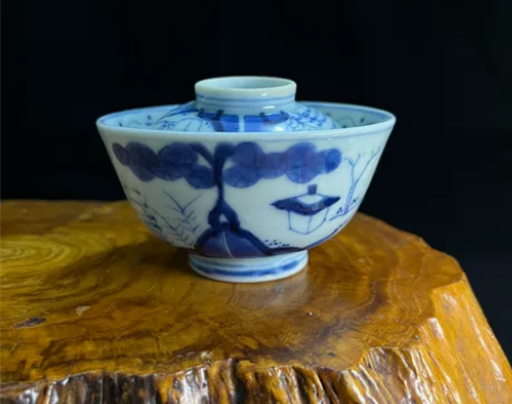 日本二才茶盖碗 明治末期昭和时期 青花手绘...