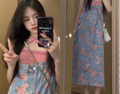 港味复古感洋气减龄炸街牛仔背带裙套装女夏2...