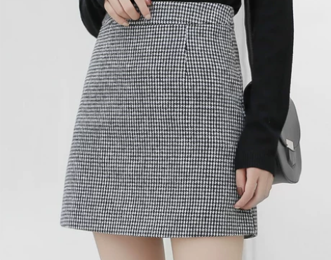 千鸟格子半身裙a字裙短裙女秋冬季毛呢 没穿...