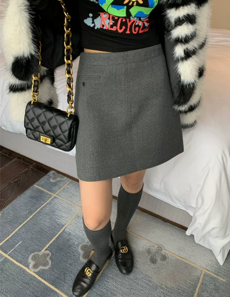 今屿花花 a字灰色毛呢裙子半身裙秋冬202...