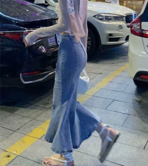 牛仔开叉半身裙女夏新款高腰中长款辣妹黑色包...