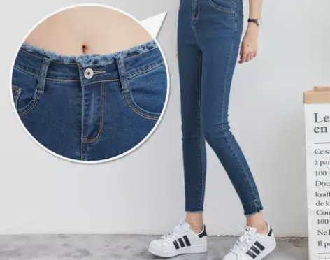 牛仔裤女春季新款软妹显瘦高腰九分裤弹力毛边...