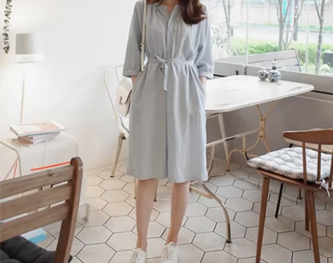 立领连衣裙 五分袖小清新 M码棉麻 衬衫连...