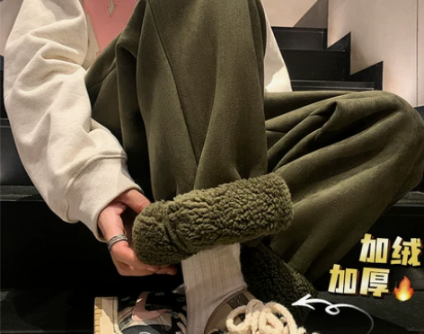 麂皮羊羔毛裤子男冬季加绒加厚男裤卫裤束脚大...