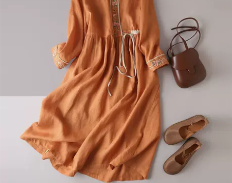 品牌折扣专柜清仓民族风重工刺绣棉麻连衣裙女...