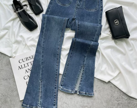 深蓝色微喇牛仔裤女冬季加绒保暖2022新款...