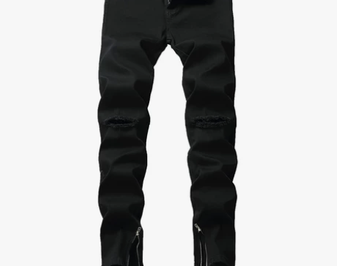 ?高街潮流破洞牛仔裤黑色乞丐裤男士弹力修身...