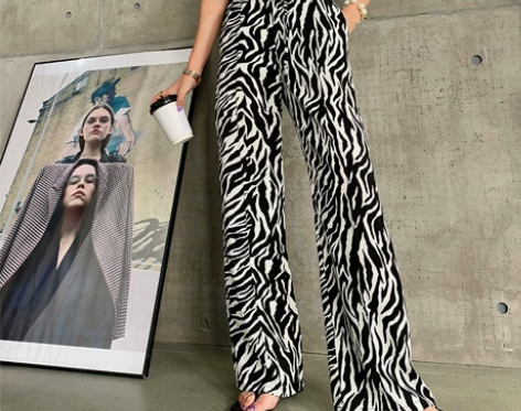 ?IAM517斑马纹阔腿裤女2020新款高...