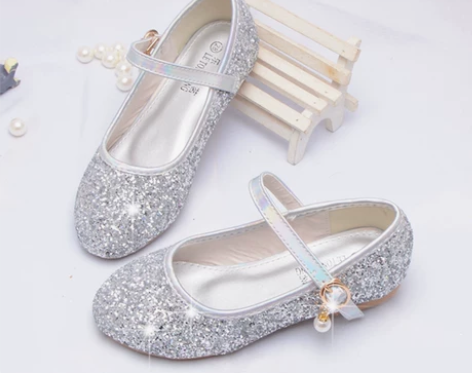 儿童平底秋鞋小公主软底鞋银色亮片女童舞蹈主...