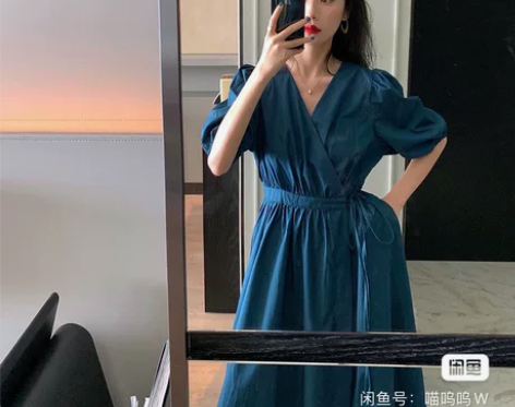 法式复古冷淡风高级女装复古收腰孔雀蓝连衣裙...