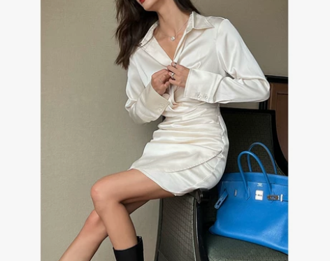 HBE水哥 起泡香槟 御姐缎面长袖v领衬衫...