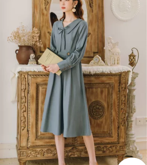 法式复古民国风英伦风娃娃领气质洋气减龄连衣...