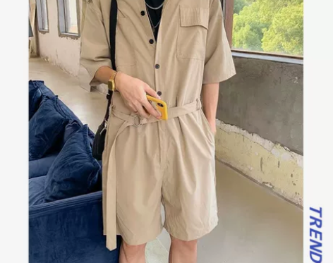 连体工装服套装男潮牌嘻哈夏季短袖短裤一套衣...