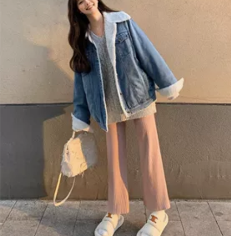 大屿非屿 秋冬粉色休闲裤直筒裤阔腿裤兔绒加...