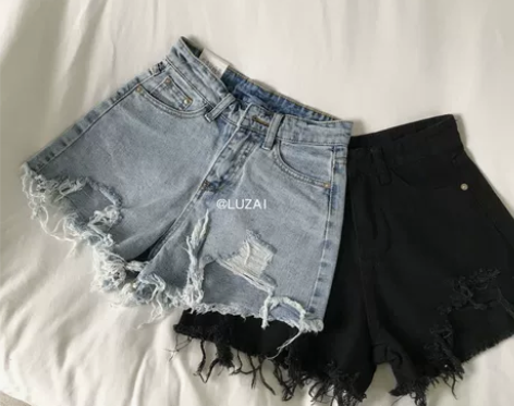 @Luzai夏日美式小性感高腰磨破烂毛边牛...