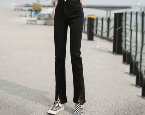 小米熊开叉牛仔裤女夏天薄款黑色微喇高腰显瘦...