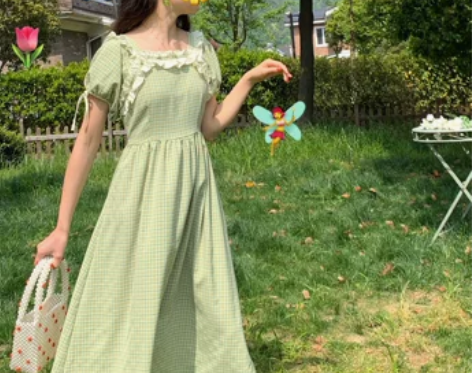 夏日晚餐-夏日巡游记绿色格子连衣裙女夏季2...