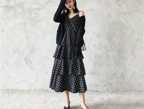 吊带裙子女2018新款秋季打底波点蛋糕裙修...