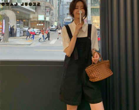 小宜定制 吊带连体裤女短裤宽松减龄背带裤休...