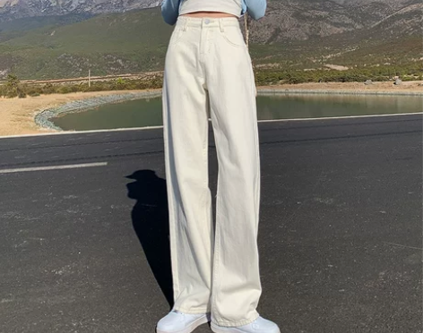 米白色阔腿牛仔裤女2021年新款秋冬高腰春...