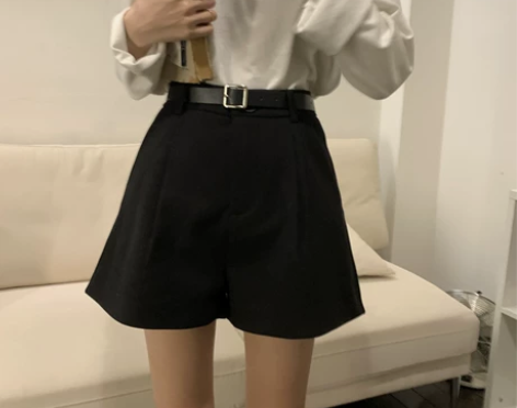 酷帅黑色毛呢短裤送腰带韩版高腰显瘦口袋A字...