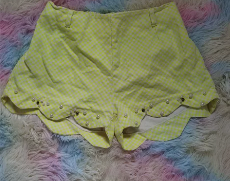 格子珍珠复古甜美短裤女爆款高腰阔腿花边打底...