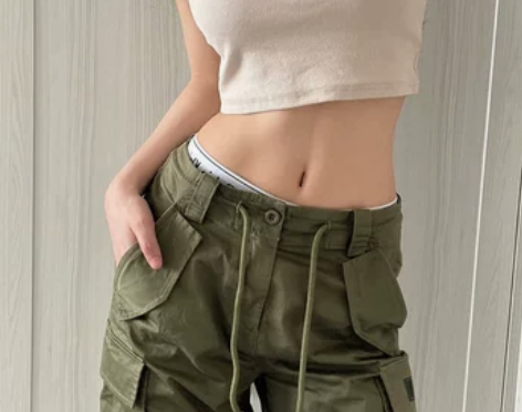 国潮抽绳高腰工装裤女2022年夏季薄款美式...