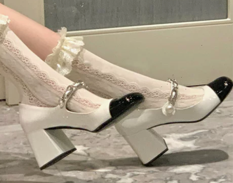 ?复古玛丽珍鞋女法式miu*方头高跟鞋仙女...