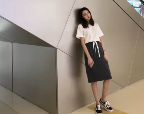 surblue春季新款灰色高腰系带半身裙深...